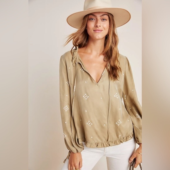 Anthropologie Tops - ANTHROPOLOGIE Sancia Yoelette 70s Boho Balloon Tie Sleeves Peasant Blouse Top